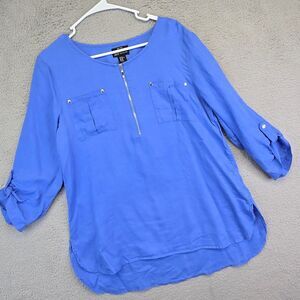 Jones New York‎ Top Womens XL Tab Sleeve Half Zip Linen Quiet Luxury Preppy Y2K